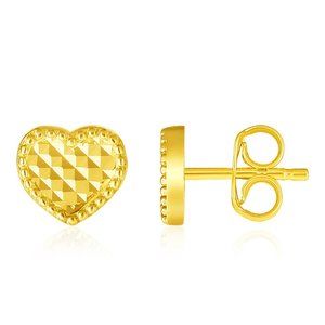 14k Yellow Gold Textured Heart Post Earrings